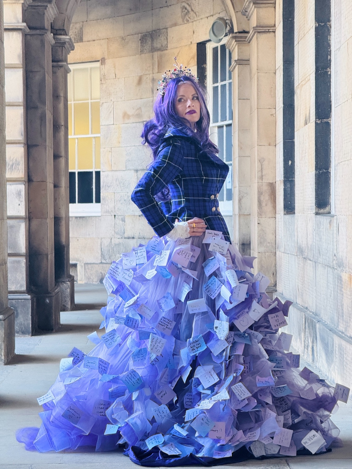 Janelle standing in the Purple Threads skirt covered with handwritten messages